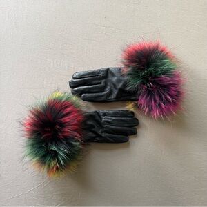 BLACK LEATHER GLOVES WITH RAINBOW FUR TRIM